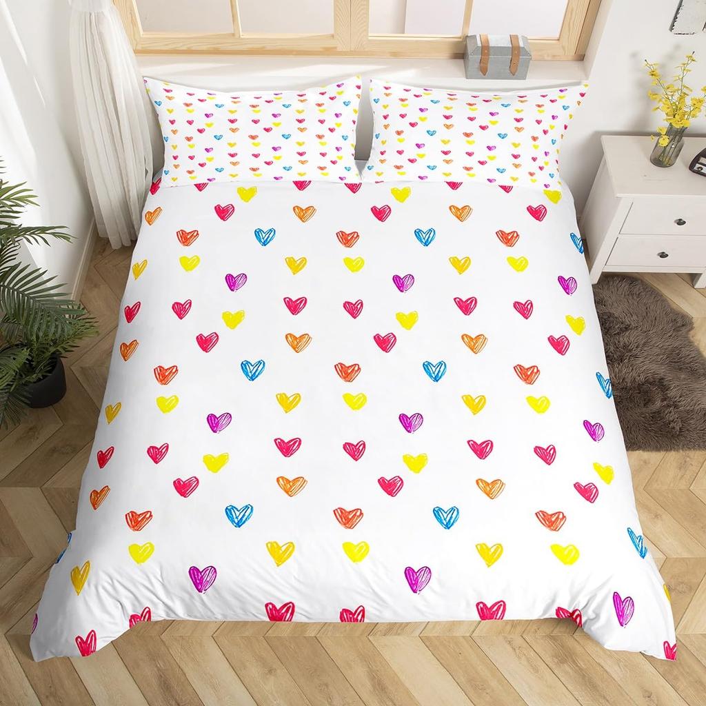 Colorful Rainbow Heart Duvet Cover Sets For Kids Boys Girls Queen Lightweight Quilt Covers Love Heart Bedding Sets Bedroom Decor