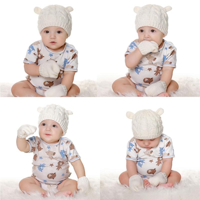 Baby Hat and Mittens Set Kids Knitted Beanie Cap Winter Warm Pompom Hats Gloves