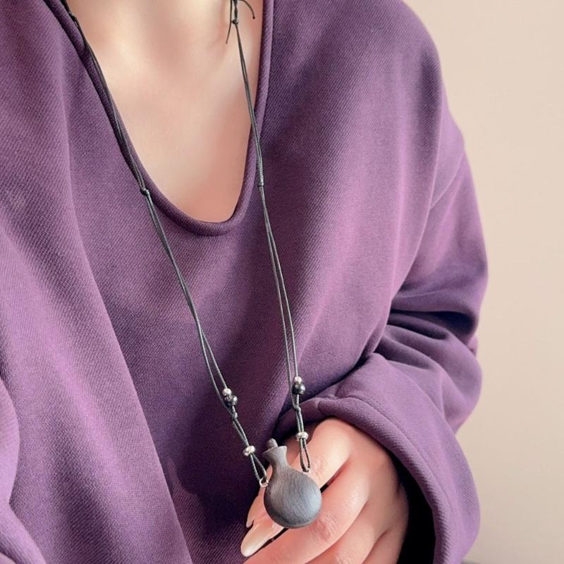 Handmade Retro Wood Beads Necklace Showcasing Artistic Gourd Kettle Charm Trendy Unisex Sweater Chain Accessory