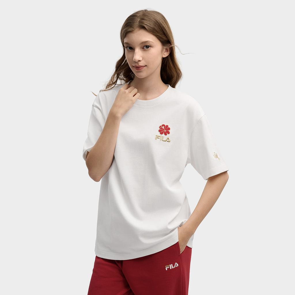 FILA Original Peony Flower T Fashion Simple Classic Retro Casual Sports Comfortable Knitted Loose Short Sleeve T-Shirt Unisex Tops F51U619101FWT