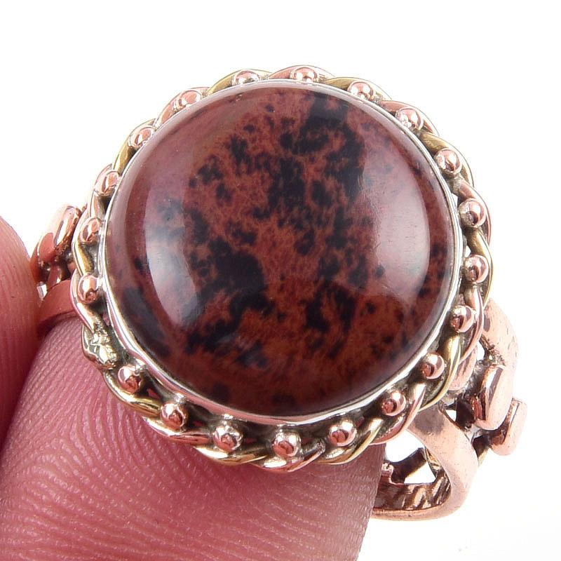 

Natural Mahogany Obsidian Gemstone 925 Sterling Silver Two Tone Ring S.10 d7y46