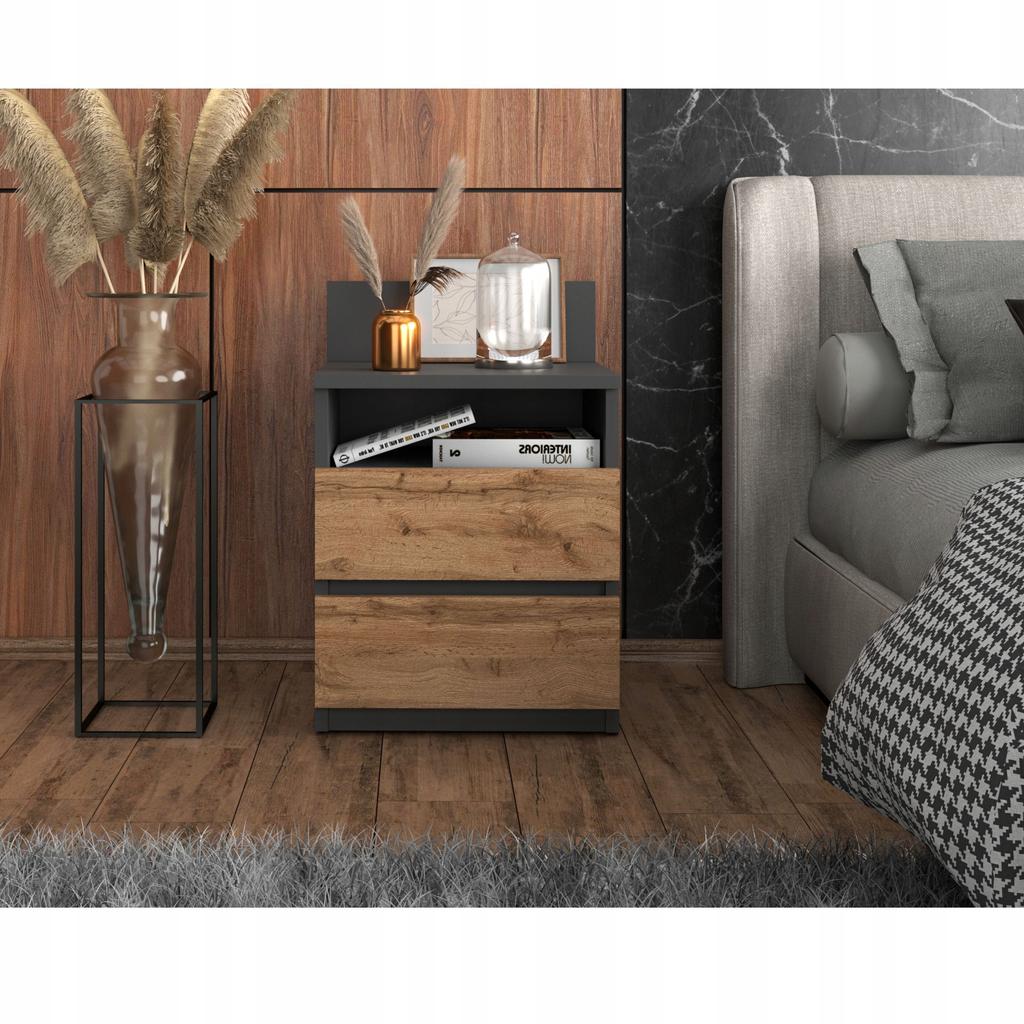 Bedside Table 40cm Gray Oak Wotan 2 Drawers Shelf For Bedroom