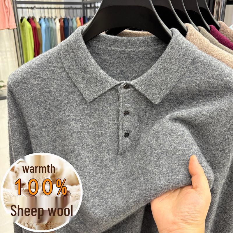 

Men s Pure Wool Lapel Sweater - Thickened, Solid Color, Autumn/Winter Base Layer 3XL/185 (recommended 160-180 jin)