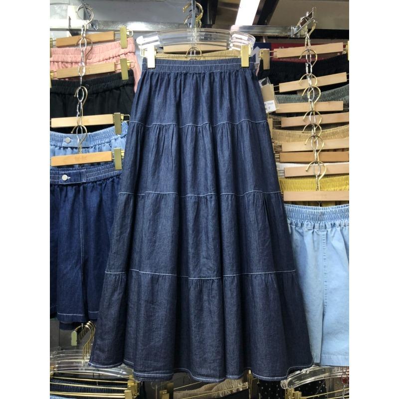 

Summer Elastic Waist A Line Denim Skirt Vintage Three Layer Cake Skirt Fashion Casual Midi Skirt for Women One Size темно-синього кольору