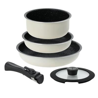 [Online Exclusive] Pearl Metal 5-Piece Frying Pan and Pot Set - IH Compatible, Marble Coating, Detachable Handle, Metal Spatula Safe, Oven Cookable -