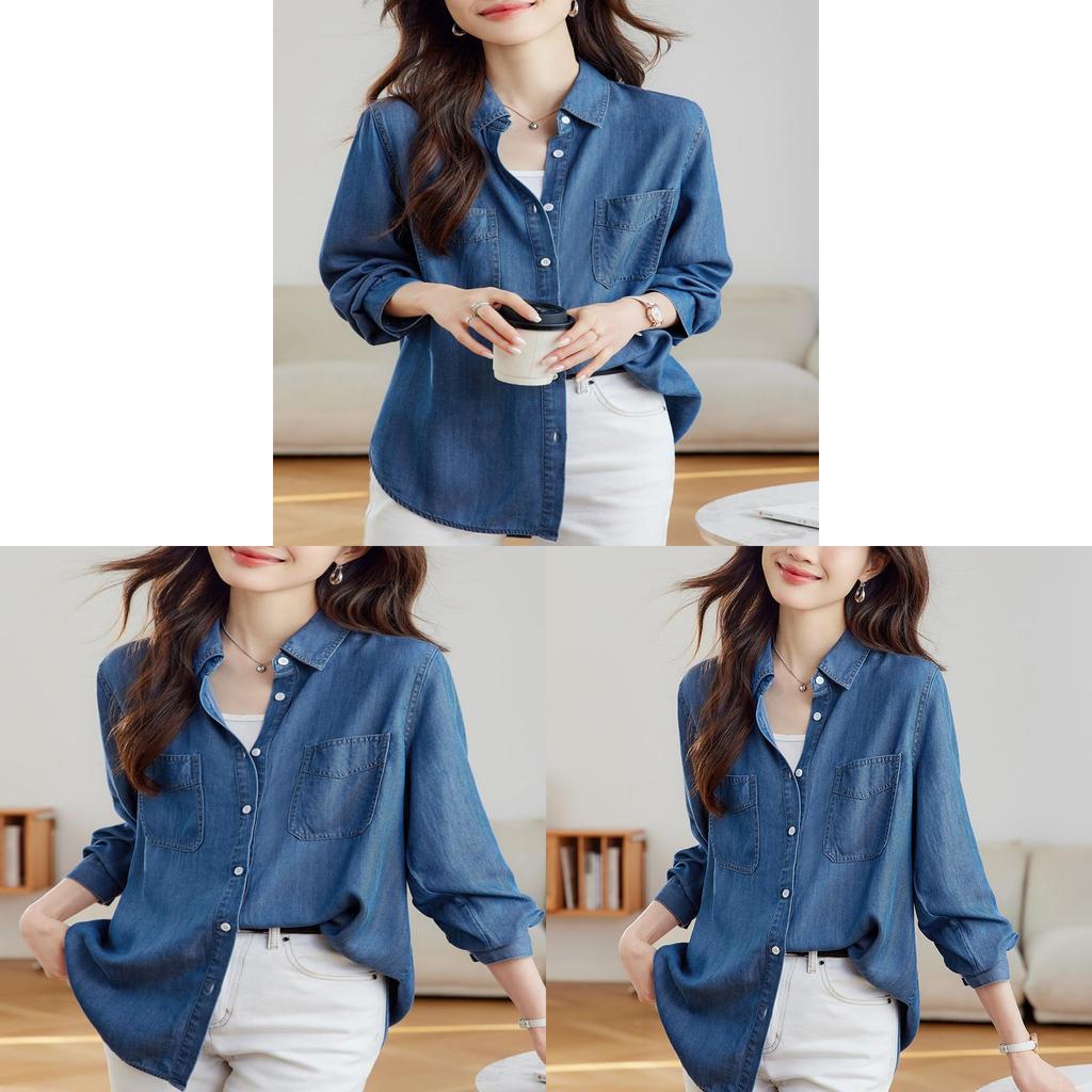 Camicia in Tencel Blu Denim da Donna a Manica Lunga Casual da Ufficio con Tecnologia Antipiega