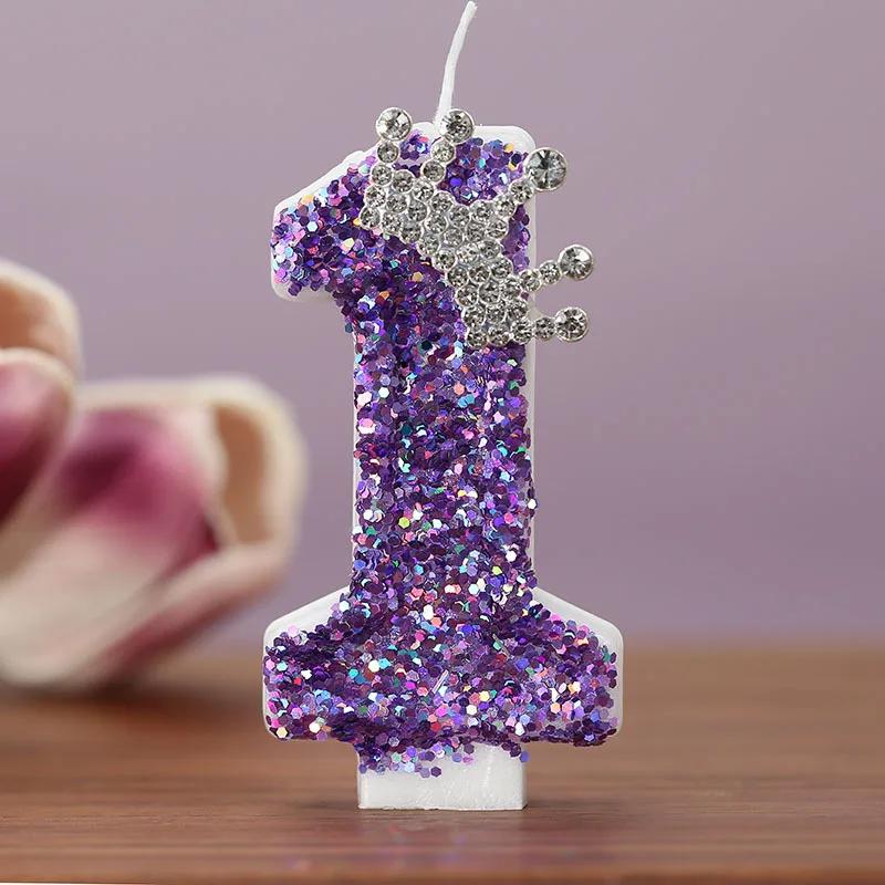 Y Children's Number 7 Birthday Candles Girl's Digital Cake Candles Glitter Princess Crown Decoration Anniversary Party Supplies