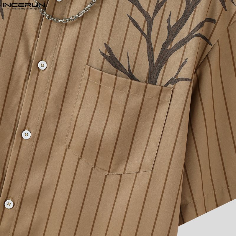 INCERUN Oversized Men Lapel Neck Short Sleeve Striped Print Casual Loose Shirts