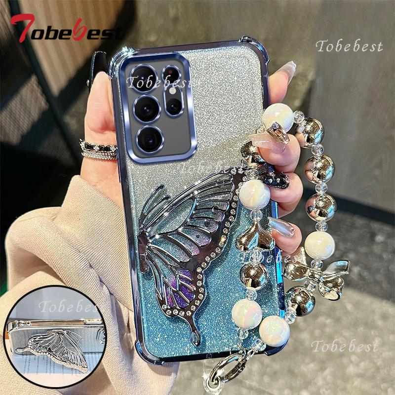 Nárazuvzdorné Pokovené Třpytivé Motýlí Náramkové Pouzdro pro Samsung Galaxy S25 edge S24 S23 S22 S21 S20 Plus FE Note20 10 Ultra Kryt