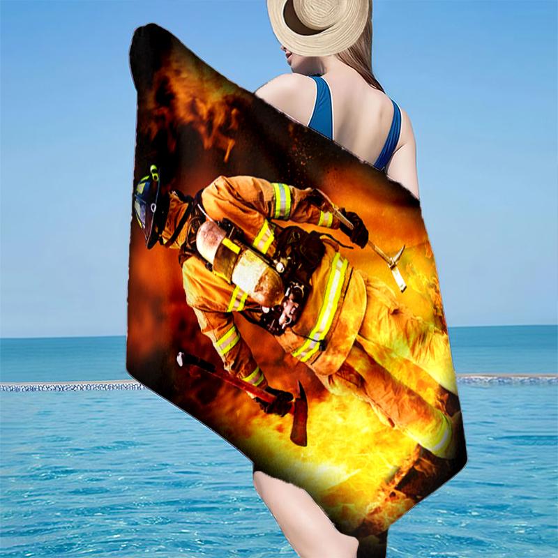 Firefighter Braving Flames Beach Towel, Super Soft Microfiber, Gift for Her/Him, Birthday, for Pool, Beach, Travel, Home Decor Fan Gifts