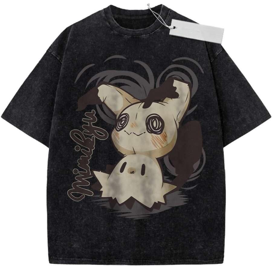 

Oversize Vintage Washed Pokemon T Shirt Cute Mimikyu Cartoon with Small Ghost Companion Graffiti Print Streetwear Casual Wear M