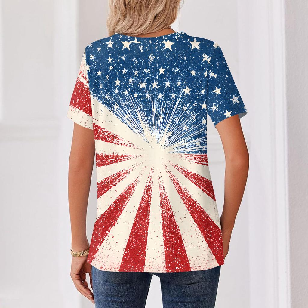 Women's T Shirt Independence Day Print Button Short Sleeve Daily Weekend Fashion Basic V- Neck Regular Top