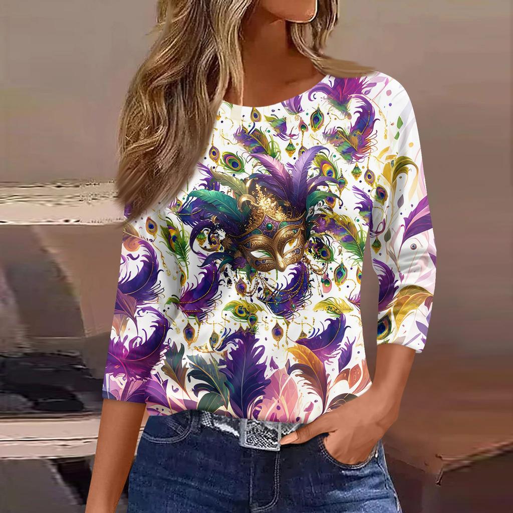 3/4 Length Sleeve Womens Tops Floral Print Vintage Fashion Casual Loose With Round Neck Plus Size Shirts