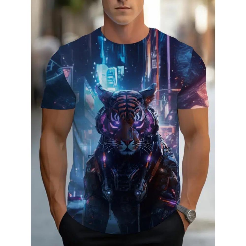 Men's 3D Pattern Activity T-shirt, Casual Micro Elastic Short Sleeved Round Neck T-shirt, Men's Clothing