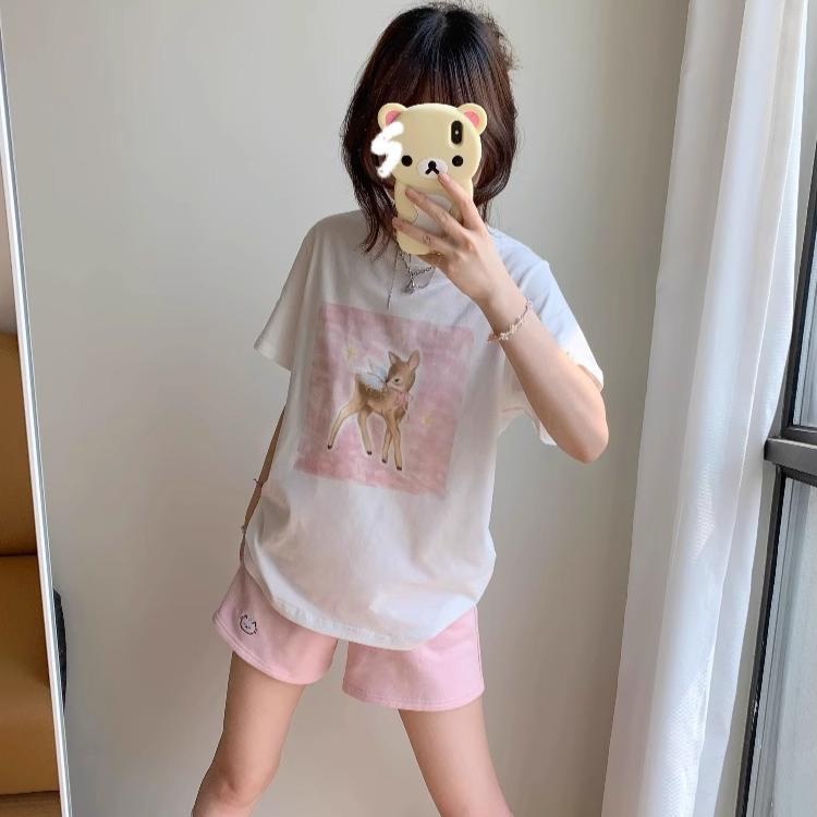 summer pure cotton Women cute cartoon Print T-Shirt harajuku Round Neck oversize Casual Y2K Tops young girl white t shirts streetwear