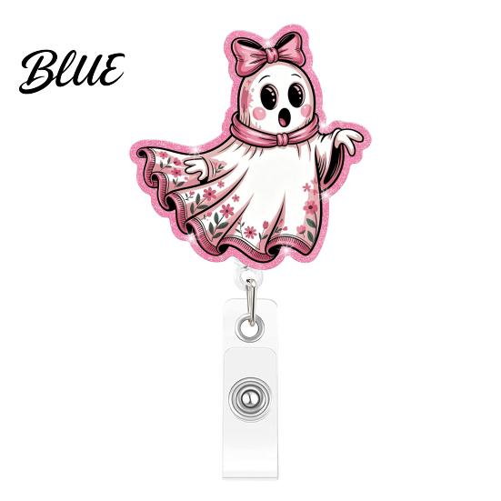 Clear Acrylic Retractable Badge Reel Halloween Ghost Reel Glitter Holder Clip Cute Pink Starlight ID Name for Women Nurse Teacher Medical