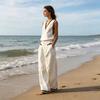 Summer 2 Piece Linen Sets for Women, V Neck Sleeveless Tank Top And Wide Leg Pants Matching Sets, Color Block Lounge Outfits with Pockets