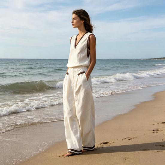 Summer 2 Piece Linen Sets for Women, V Neck Sleeveless Tank Top And Wide Leg Pants Matching Sets, Color Block Lounge Outfits with Pockets