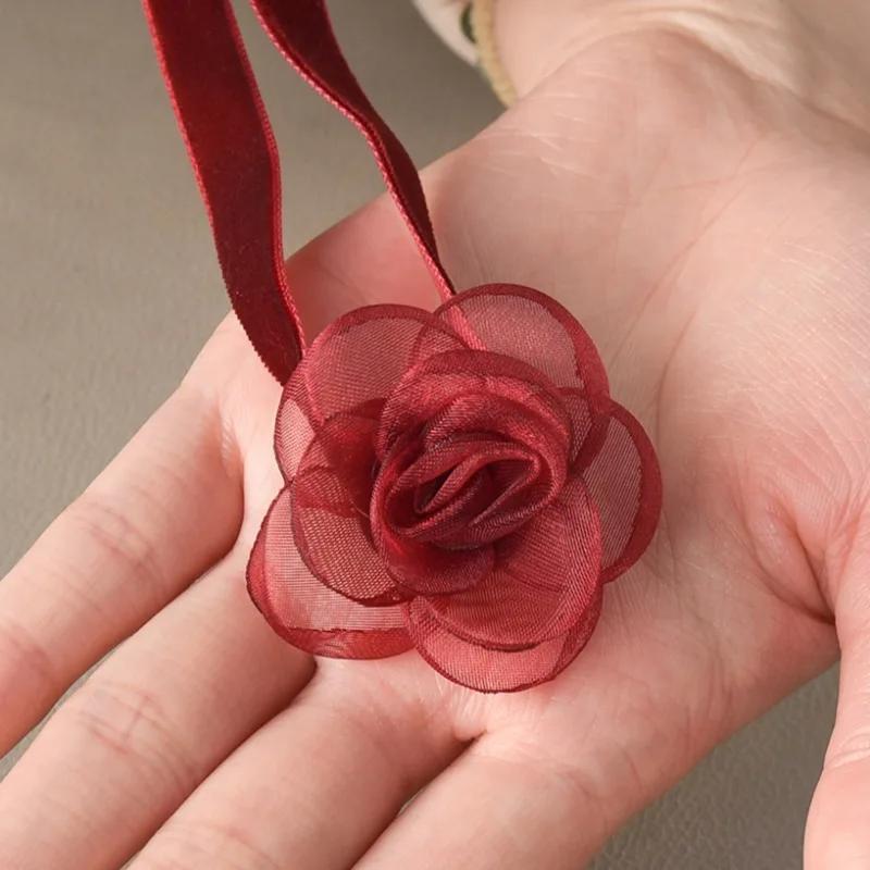 Damen Elegantes Netzblumen-Halsband Damen Bequem Rotes Schwarzes Halsornament Mädchen Leichtes Rosen-Halsband Party Geschenk
