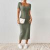 Women’s Square Neck Short Sleeve Ribbed Knit Fitted Midi Dress with Side Slit Bodycon Casual Style for Daily Wear