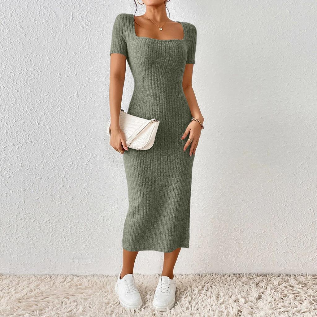 Women’s Square Neck Short Sleeve Ribbed Knit Fitted Midi Dress with Side Slit Bodycon Casual Style for Daily Wear