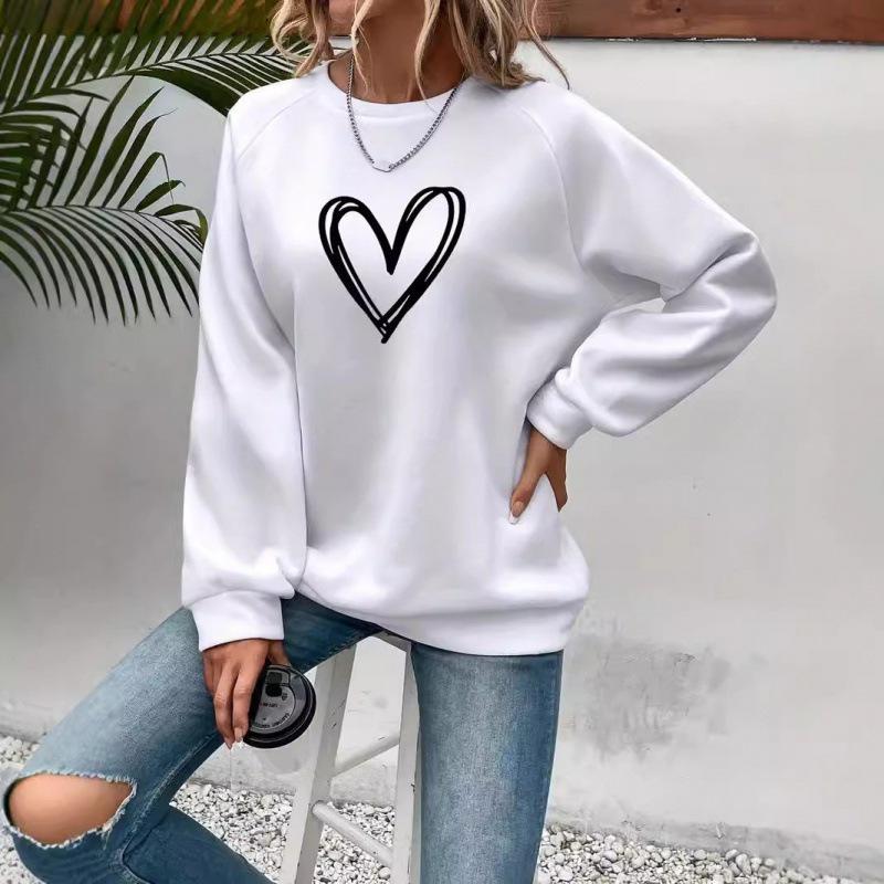 Heart Print Crew Neck Long Sleeve Fleece Sweatshirt for Women - 2025 Collection