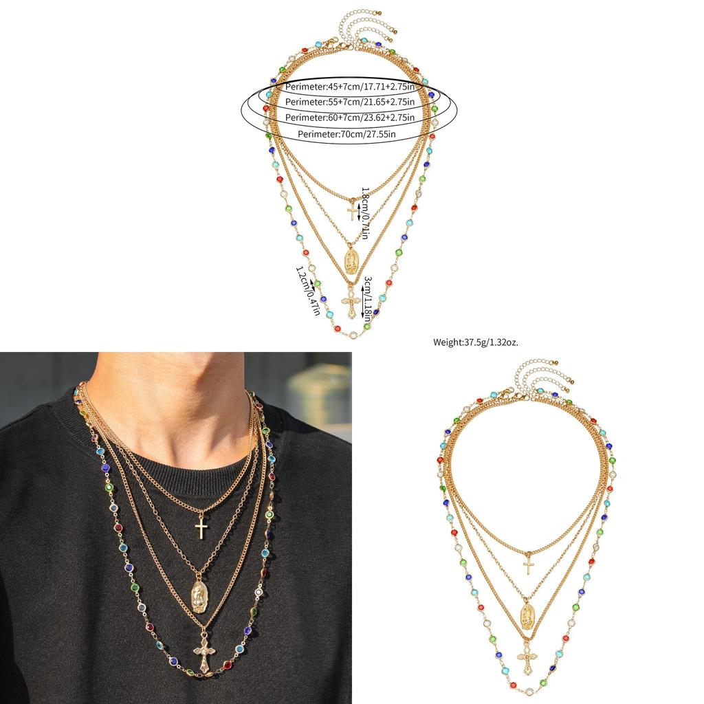 Geometric Cross Pendant Necklace With Tassel And Colorful Crystals For Fashion Forward Men And Women
