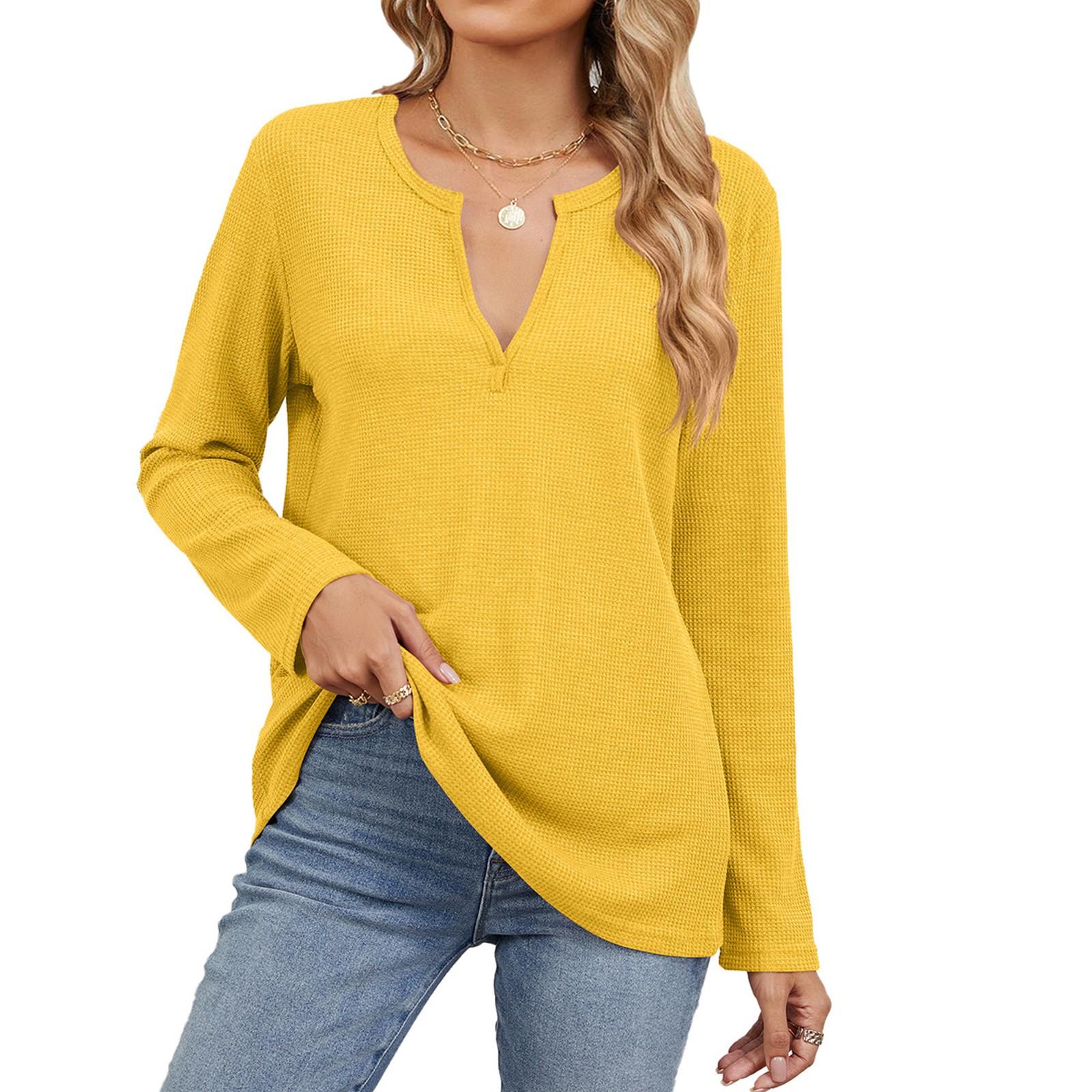 

Женские рубашки с длинным рукавом и V-образным вырезом, повседневные топы, свободные нарядные базовые осенние наряды, одежда, зимняя модная одежда XL жёлтый