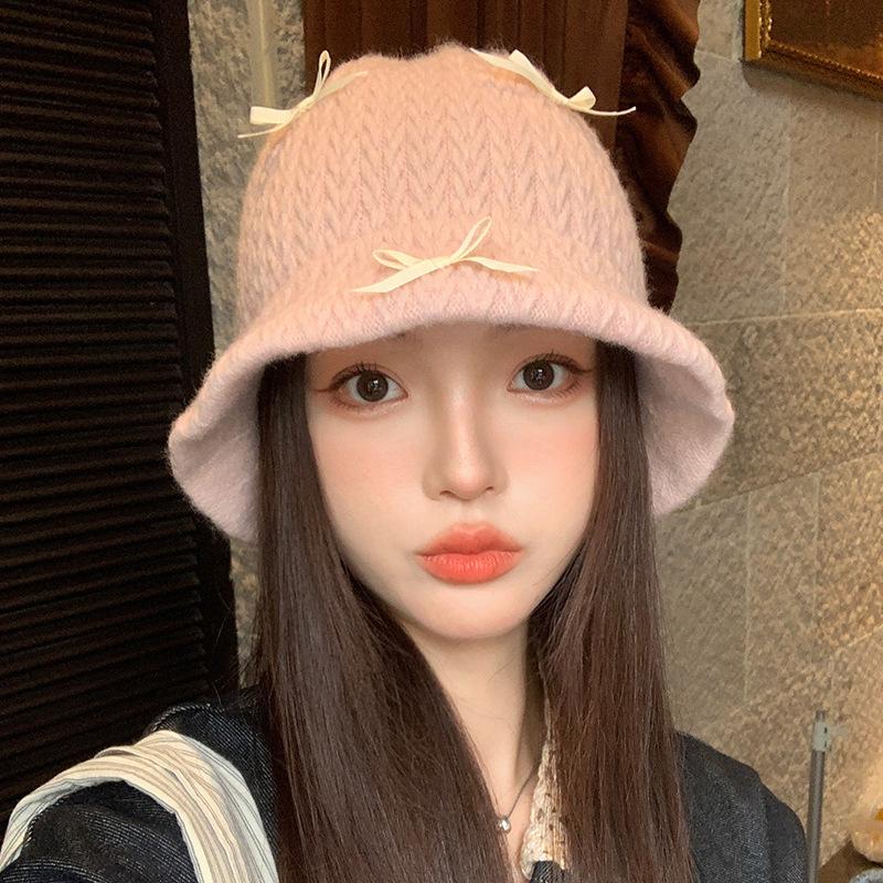 

Сладкая и милая шапка-бини с бантом, вязаная, рыбацкая, осенне-зимняя, повседневная, универсальная, утолщенная, теплая, ветрозащитная, закрывающая лицо, маленькая шляпка-ведро One Size