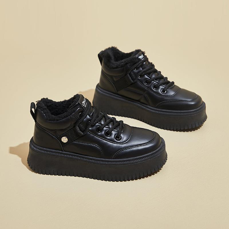 

Женские ботинки на толстой платформе, зимние нескользящие ботинки для снега, прогулочные ботинки со шнуровкой и подкладкой из искусственного меха, женские теплые высокие кроссовки с флисовой подкладкой 40 чёрный