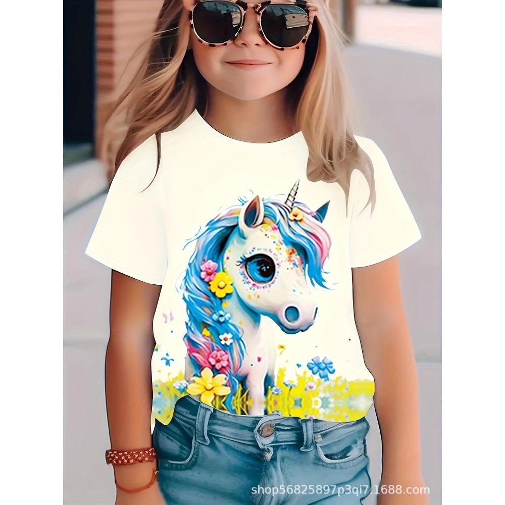 Cartoon Unicorn 3D Digital Casual Short-Sleeve T-Shirt, Suitable for Outdoor Wear, Cute Cartoon Print