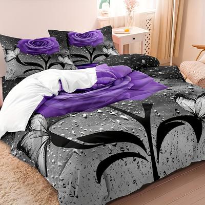 3pcs Soft and Comfortable Purple Rose Print Duvet Cover Set for Bedroom and Guest Room Includes 1 Duvet Cover and 2 Pillowcases