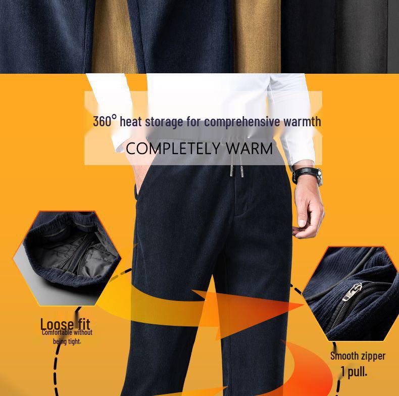 Romon Men's Fleece-Lined Corduroy Pants, Thickened Elastic Waist, Autumn/Winter Warm Casual Style.