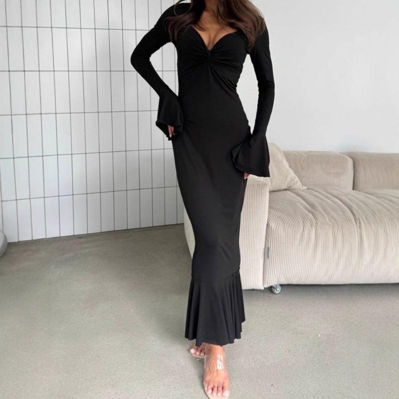 Women Sexy V Neck Knot Low Cut Long Sleeve Ruffle High Waist Bodycon Dress S чёрный