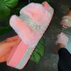 Luxury Designer Women Fur Rhinestone Slippers Platform Wedges Heel Solid Fluffy Furry Slides Outside Sexy Shoes wedges Slippers