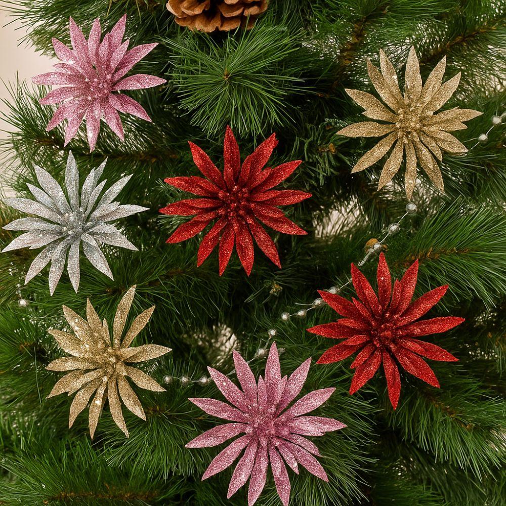 Glitter Artificial Christmas Flower DIY Xmas Decorative Flowers  HolidaySupplies