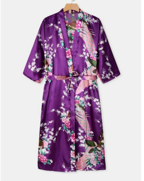 Women's Japanese-Style Satin Kimono Bathrobe with Peacock Design