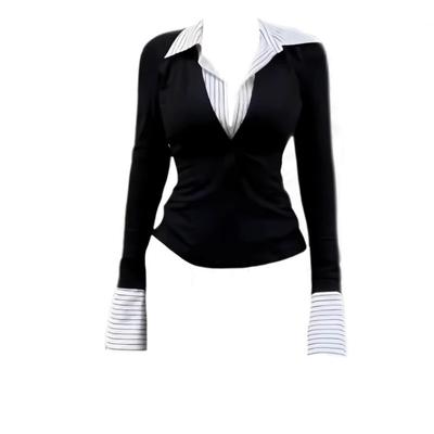 Frühling Herbst Fake Zweiteiler Gestreiftes Patchwork T-Shirt Damen Rollkragen Elegant Mode T-Shirt Pullover Top
