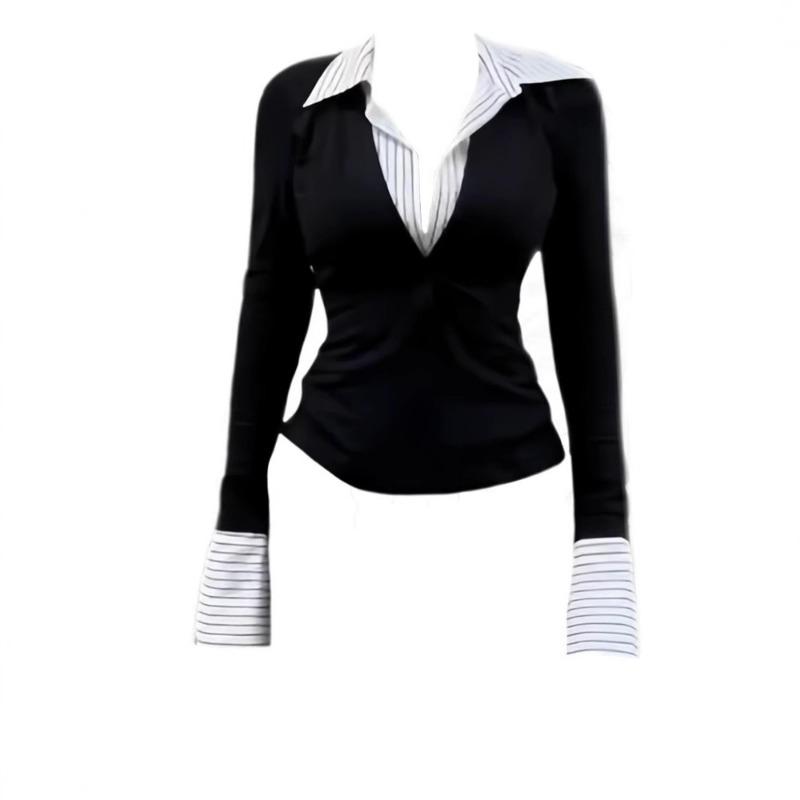 Frühling Herbst Fake Zweiteiler Gestreiftes Patchwork T-Shirt Damen Rollkragen Elegant Mode T-Shirt Pullover Top