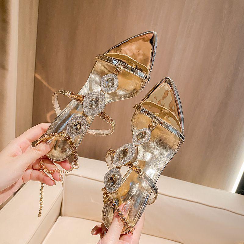 2025 Summer New Pointed Open-toed Rhinestones Sexy One-word Buckle High Heels Stiletto Fashion Show Sandals Women