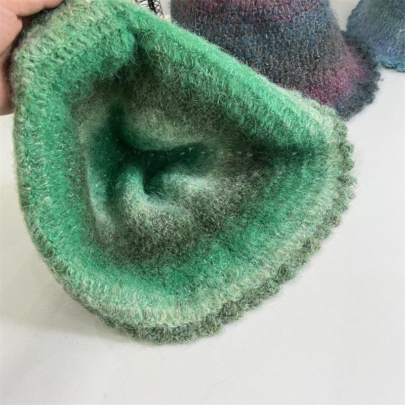 Wool Color Gradual Change Knitted Bucket Hat Women's Autumn and Winter Warm Face Small Ruffle Edge Wool Blend Basin Hat