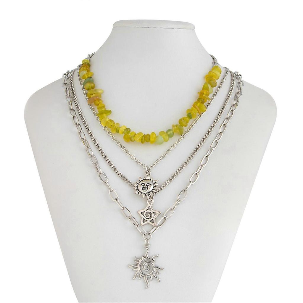 Stylish Stackable Sun and Star Necklace Set Multilayer Clavicle Chain Gravel Bead Jewelry For Casual Or Formal Outfits