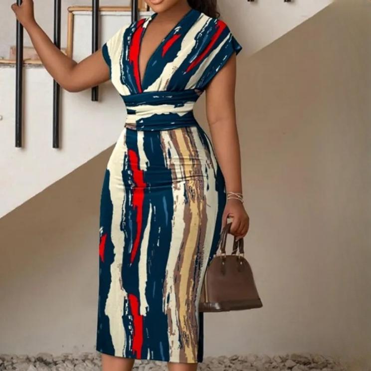 BITCED Damen Frühling/Sommer Kurzarm Einfach V-Ausschnitt Hüftumhüllung Bedruckte Kleider