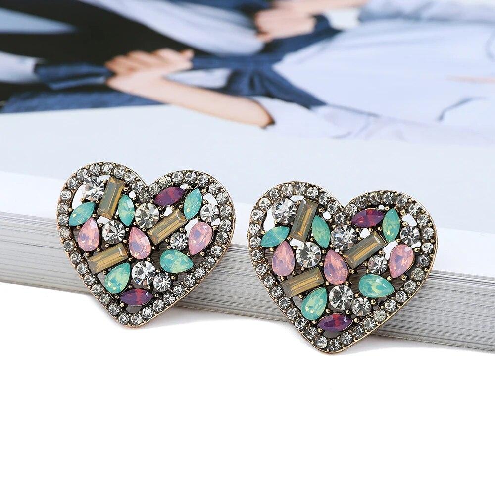 Korean Fashion Heart Metal Hollow Stud Earrings For Women Girl Luxury Bling Color Crystal Party Jewelry Aesthetic Accessories