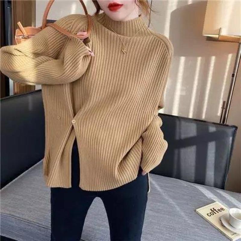 Half High Collar Sweater Pullover Women 2022 Solid Loose Open Knit Autumn and Winter Casual Long Sleeve Sweater Pullover Female
