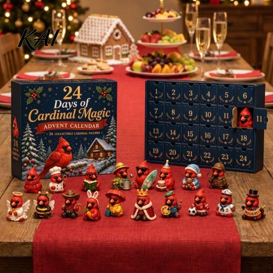 PVC Action Figures Red Bird Christmas Advent Calendar, 24 Unique Miniature Collectible Doll Ornaments Figurines, Tree Hanging for Holiday Gifts