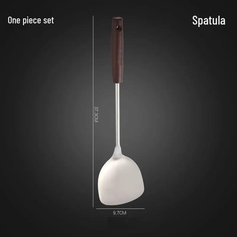 Stainless Steel Kitchen Utensil Set: Wok Spatula, Pan Spatula, Frying Spatula, Soup Ladle, Slotted Spoon.