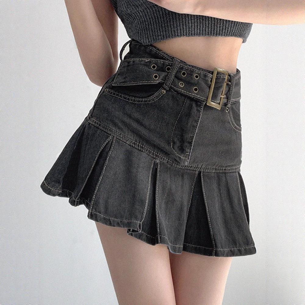 Spicy Girl Women's A-Line Pleated Denim Skirt: High-Waist, Slim, Trendy 2025 Summer Design