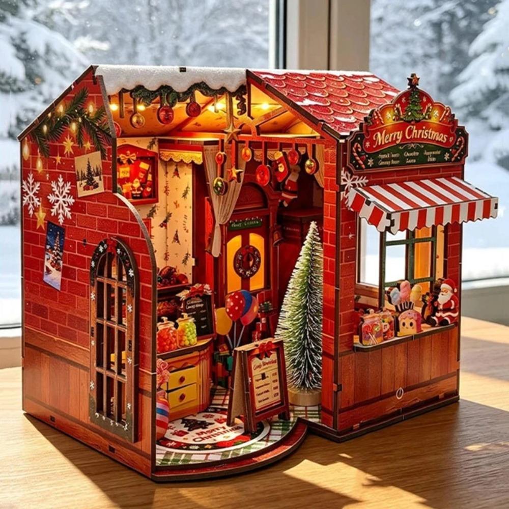 Weihnachtssüßigkeiten Miniatur Puppenhaus 3D Holzpuzzle DIY Handgefertigtes Montage-Modellbausatz Heimdekoration Geburtstagsgeschenk für Erwachsene