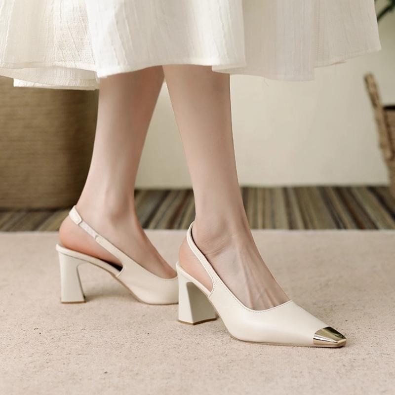 Fashion 2025 Temperament Block Heel Sandals Summer New Metal Square Toe Shallow Mouth One Belt Non-slip Wear-resistant High Heels